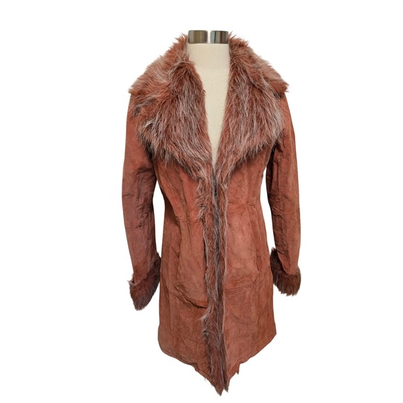 Rag Jackets & Blazers - Y2K Vintage Suede Penny Lane Coat Faux Fur Trim Rust Orange Boho Jacket Medium